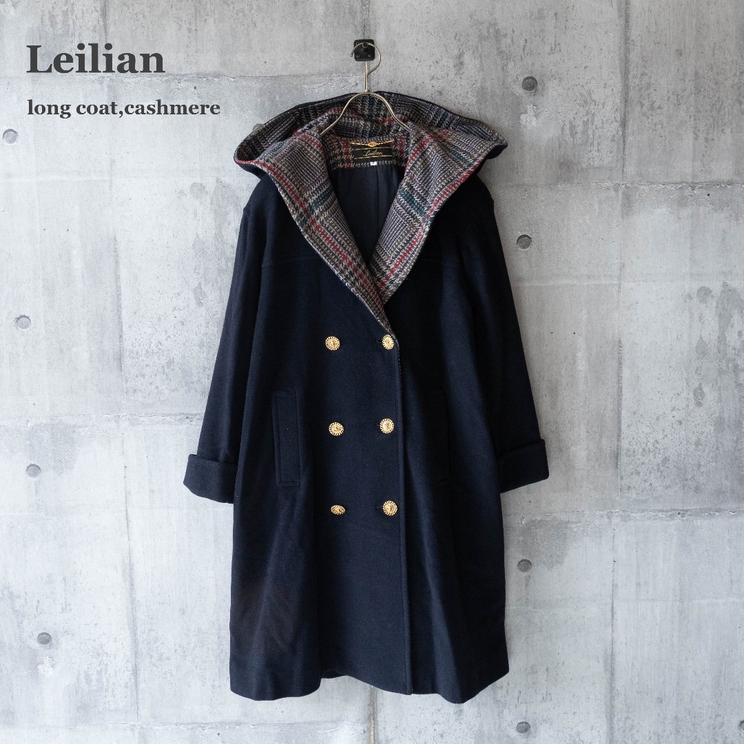 ジャケット/アウター【Leilian】フーデッドコート　カシミヤ混　ダブルブレスト　金ボタン