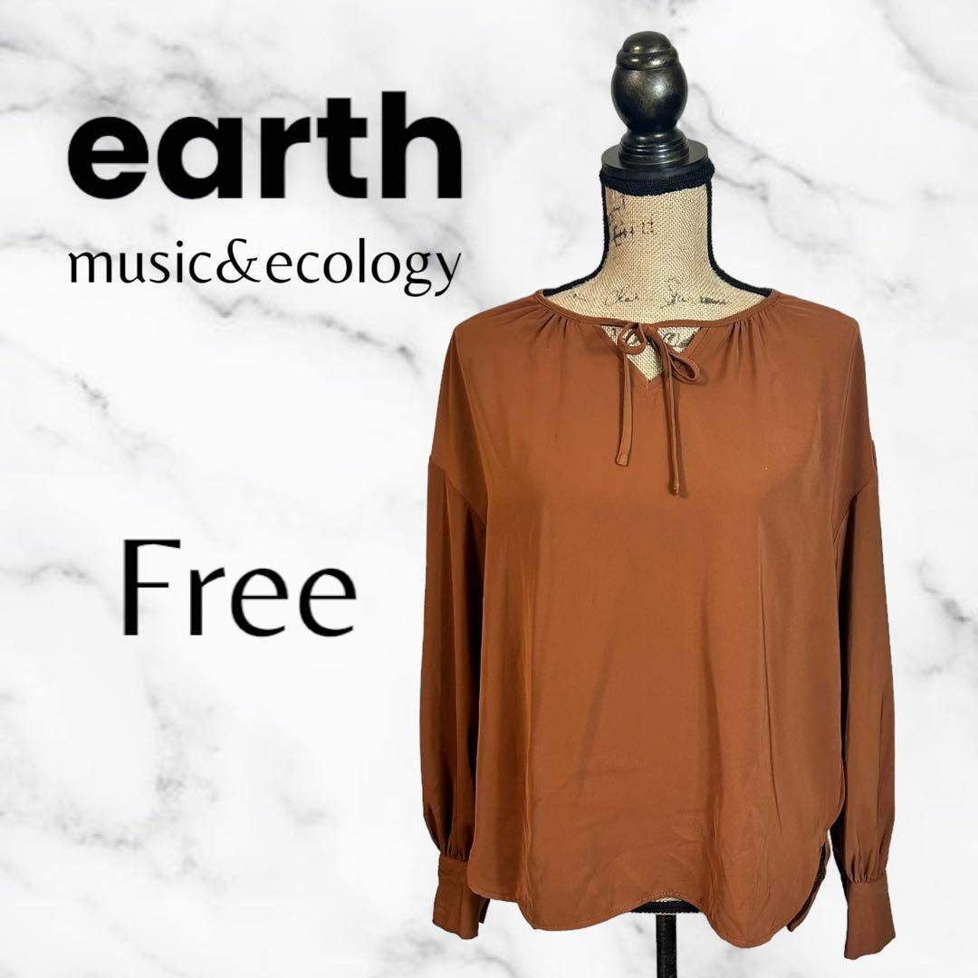 earth music & ecology(アースミュージックアンドエコロジー)の美品✨【earth】スキッパーブラウス　さらさら　スリット　リボン　ブラウン　F レディースのトップス(シャツ/ブラウス(長袖/七分))の商品写真