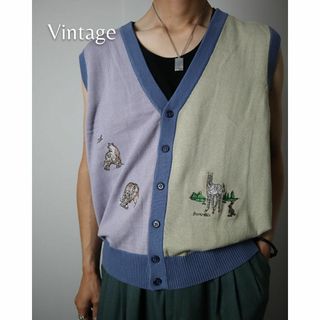 アートヴィンテージ(ART VINTAGE)の【vintage】デッドストック 刺繍 デザイン 多色 綿 ニット ベスト 紫系(ニット/セーター)