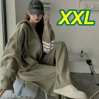 aパーカー・セットアップ・大きい・スウェット・部屋着・パジャマ カーキ XXL(トレーナー/スウェット)