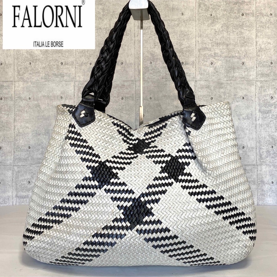 【FALORNI】イントレチャート ブラック×ホワイト ラムレザー トートバッグ