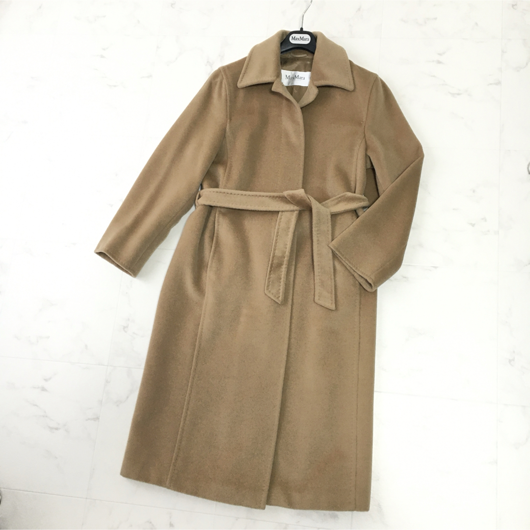 美品 MAX MARA 白タグ 女優襟 ベルテッドコート ロング グレー 40-