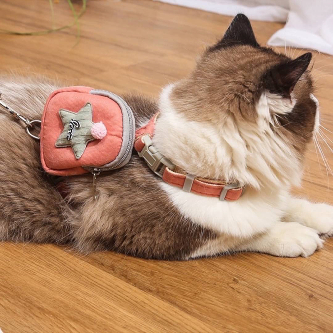 ハーネス　リード　ミニリュック　星　散歩　おやつ　犬　猫　ペット　ピンク　L ハンドメイドのペット(リード/首輪)の商品写真