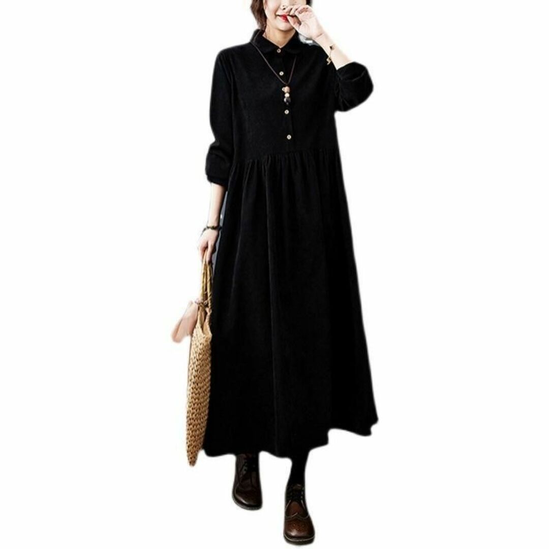 XLサイズ ロングワンピ シャツワンピ スカート 長袖 ブラック コーデュロイ レディースのワンピース(ロングワンピース/マキシワンピース)の商品写真