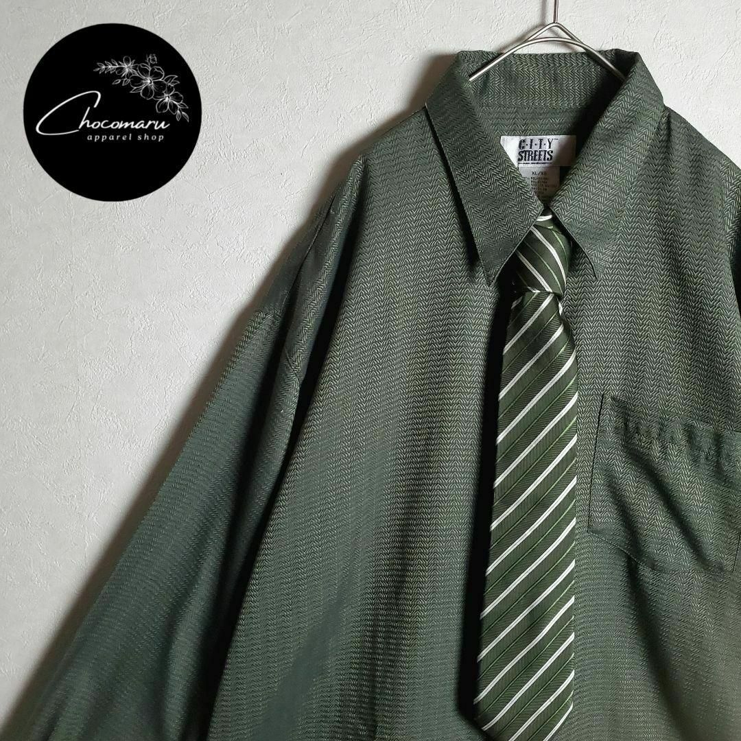 送料j無料 【ネクタイシャツ グリーン 緑 長袖 柄ネクタイ ストライプ 