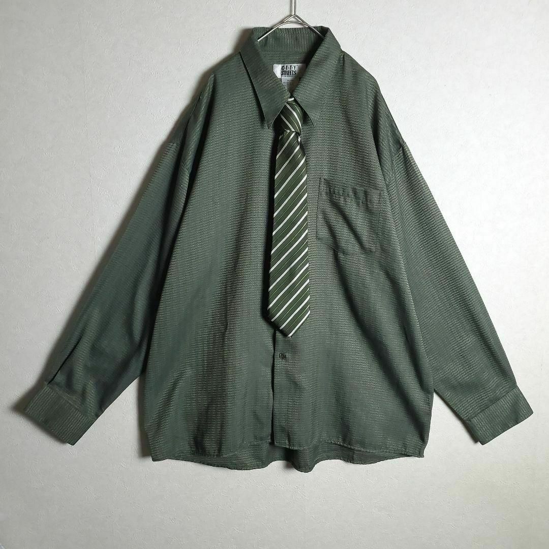 送料j無料 【ネクタイシャツ グリーン 緑 長袖 柄ネクタイ ストライプ 