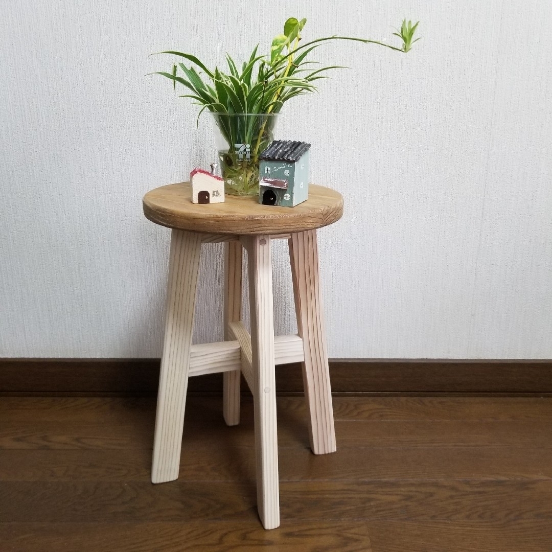 ハンドメイドスツール 中 木製 椅子 茶 ホワイト 花台 観葉植物の通販 ...