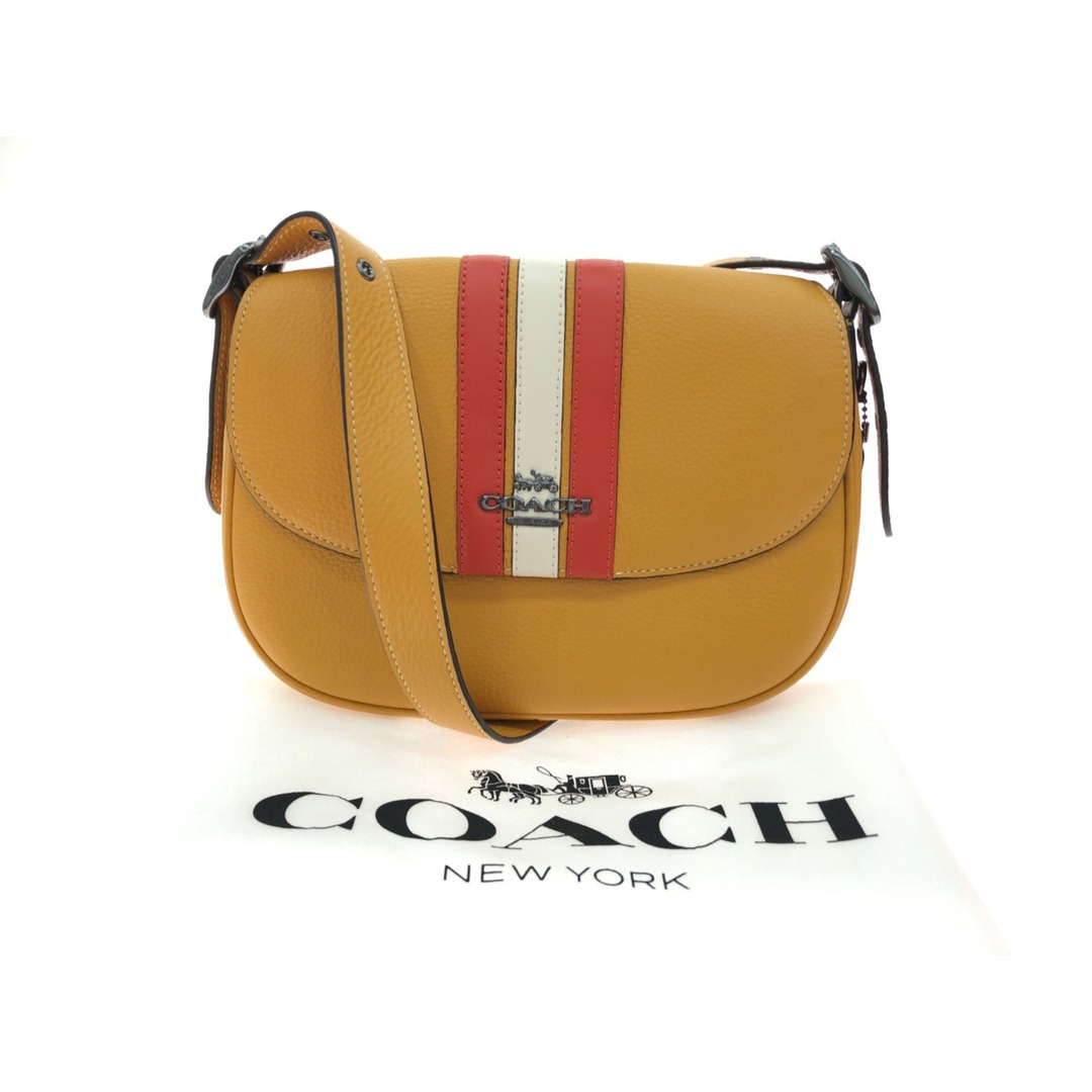 ▼▼COACH コーチ ぺブルレザー ストライプ メイシー サドル クロスボディー 斜めがけ ショルダーバッグ バターカップマルチ CB925 イエロー