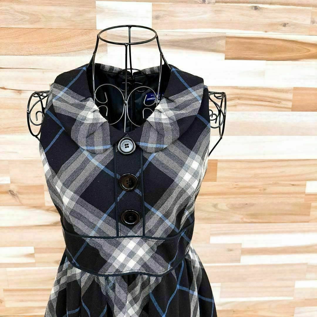 【バーバリーブルーレーベル】ウール チェック柄 総柄ワンピース 冬 M 黒×青