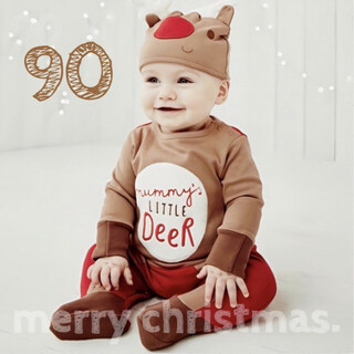 ベビー服 90 トナカイロンパース 帽子セット ブラウン 茶色 クリスマス 鹿(ロンパース)