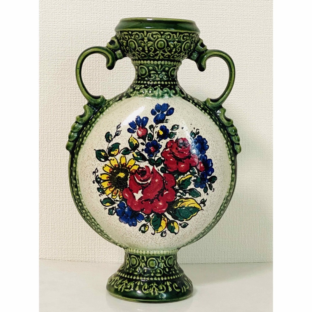 希少 】ドイツ製 陶器製 両耳取っ手付き 薔薇の花柄デザイン 花瓶175×9