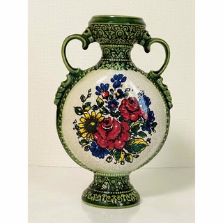 【 希少 】ドイツ製  陶器製  両耳取っ手付き  薔薇の花柄デザイン  花瓶(花瓶)