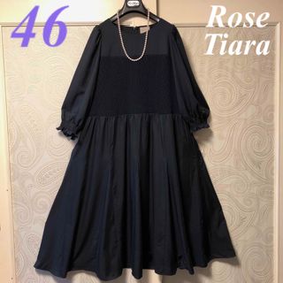 46大きいサイズ　ローズティアラ　セレモニー♡上品♡ゆったりワンピース♡ネイビー