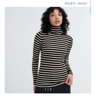 ユニクロ(UNIQLO)のエクストラファインメリノリブタートルネックセーター ボーダー M(ニット/セーター)