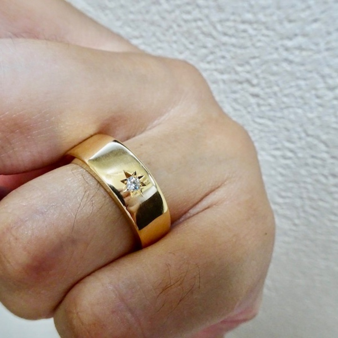 仁尾彫金『一つ星２.３mmダイヤ、幅７mm、ゴールド平打リング』261b メンズのアクセサリー(リング(指輪))の商品写真