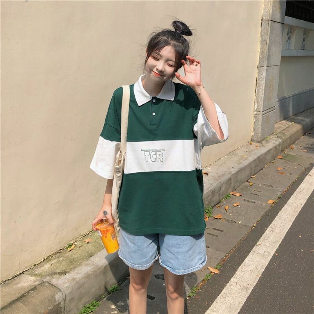 ポロシャツ ビッグシルエット 韓国 夏服 レディース カジュアル　グリーン　XL レディースのトップス(ポロシャツ)の商品写真