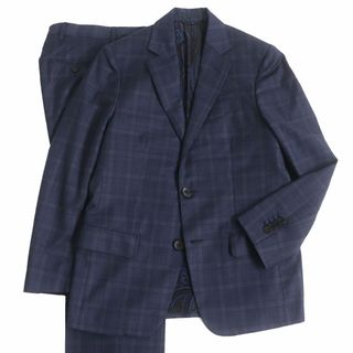 美品 エトロ ETRO セットアップ シングル スーツ チェック ウール シルク ジャケット パンツ メンズ 52(L相当) ネイビー