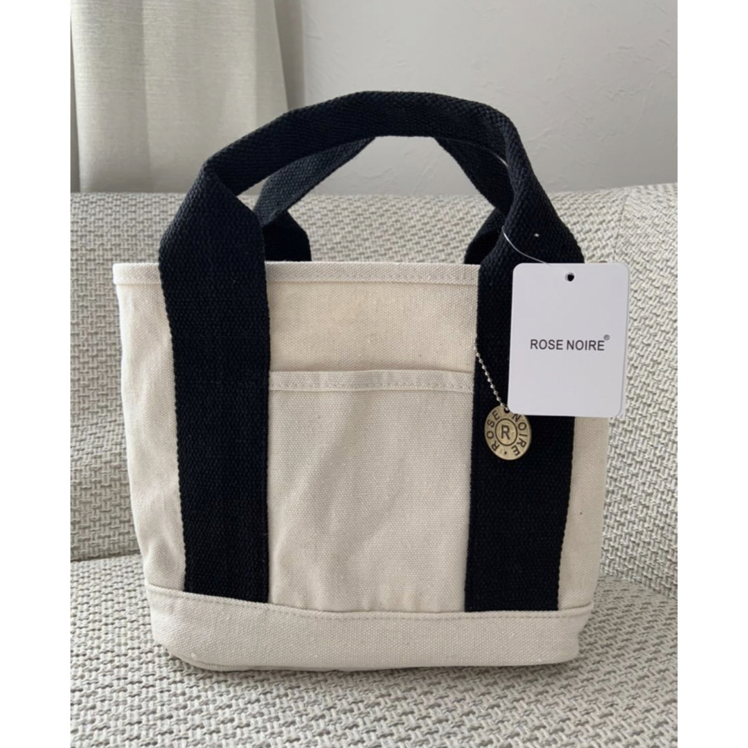 新品　ミニトートバッグ 帆布 トートバッグ キャンバス 3つ仕切り 軽量 白x黒 レディースのバッグ(トートバッグ)の商品写真