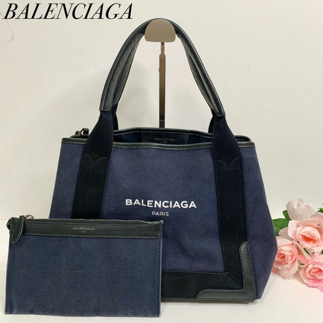 良品 BALENCIAGA ネイビーカバス S キャンバス×レザー ハンドバッグ