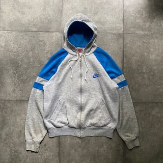 ナイキ(NIKE)の80s90s ナイキ ジップアップパーカー M グレー×ブルー 銀タグ(パーカー)