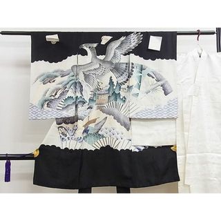 平和屋1■男の子　祝着　産着　初着　長襦袢セット　のしめ　お宮詣り　銀駒刺繍　鷹　扇面風景文　金彩　逸品　未使用　ze6564(お宮参り用品)