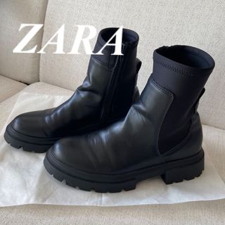 美品★ZARA ソックスブーツ 38 サイドゴア サイドジップ トラックソール