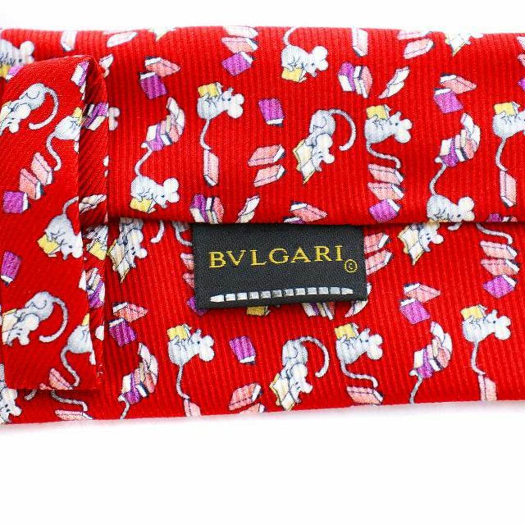 BVLGARI ネクタイ レギュラータイ シルク 総柄 ネズミ 赤 レッド