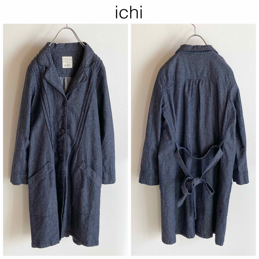 ICHI インディゴ コットン リネン ヘリンボーン ロング コート ワンピースlanru_coat