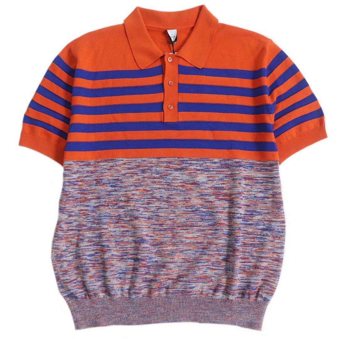 未使用品□BERLUTI/ベルルッティ R19KPS06YAEP Striped＆Mouline Sweater Polo-Shirt ウール 半袖 ニットポロシャツ オレンジ L 伊製 正規