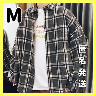 【新品未使用】メンズ チェック柄 シャツ 温かい 厚手 グレー 男性 秋 冬 M(シャツ)