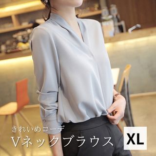 ブラウス　Vネック　フォーマル　シンプル　きれいめ　通勤　カジュアル　水色　XL(シャツ/ブラウス(長袖/七分))