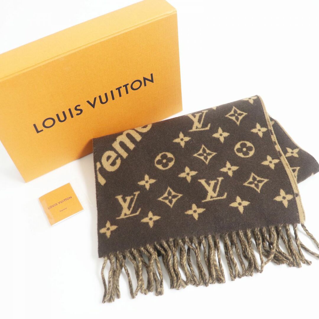 未使用品□LOUIS VUITTON×Supreme ルイヴィトン シュプリーム モノグラム ロゴ総柄 ウール×カシミヤ フリンジマフラー 茶 UK製  正規品