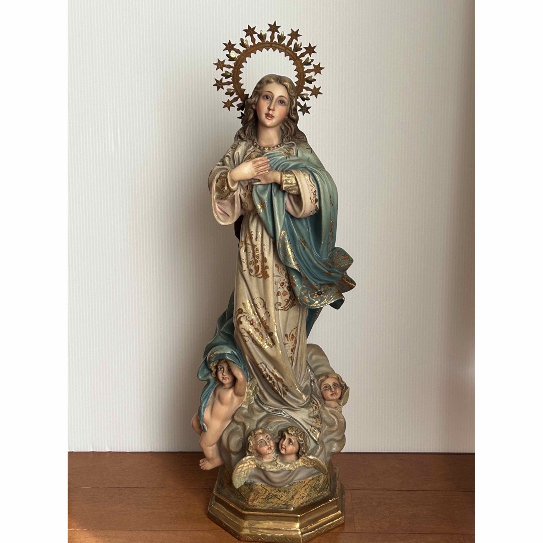 【超超希少美46.5cm】✞無原罪の御宿り 胸に手を当てる聖母マリア像　宗教彫刻