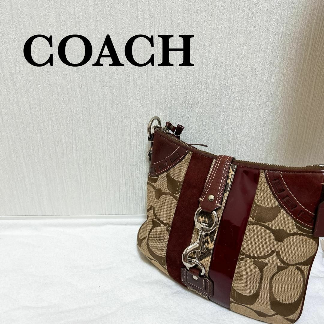 美品✨COACHコーチショルダーバッグハンドバッグベージュボルドーシグネチャー