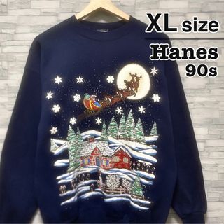 ヘインズ(Hanes)のHanes　スウェット　XL　ネイビー　裏起毛　クリスマス　USA古着　90s(スウェット)