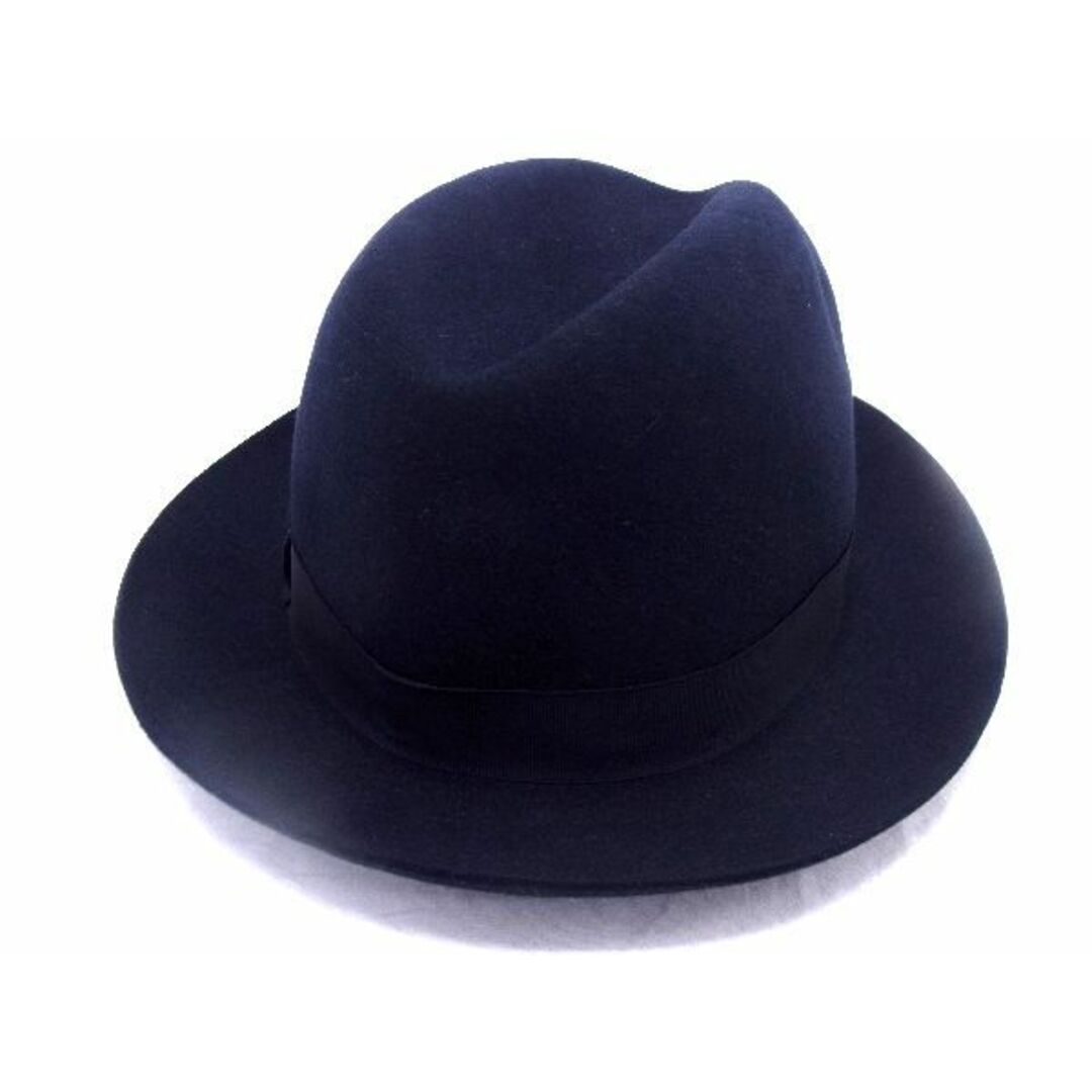 ■極美品■ BORSALINO ボルサリーノ フェルト リボン ハット 帽子 表記サイズ 59 メンズ レディース ネイビー系 AR5769