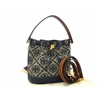 トリーバーチ(Tory Burch)の■極美品■ TORY BURCH トリーバーチ Tモノグラム ジャガード×レザー 2WAY 巾着型 ハンドバッグ ショルダー ダークネイビー系 AR9948 (ハンドバッグ)