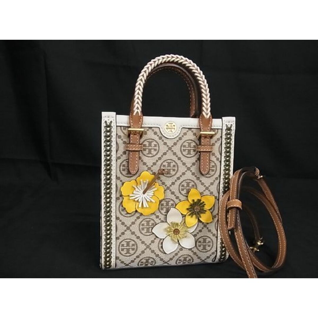 ■極美品■ TORY BURCH トリーバーチ Tモノグラム ジャガード×レザー フラワー 2WAY ハンドバッグ ショルダー ブラウン系 AR9975