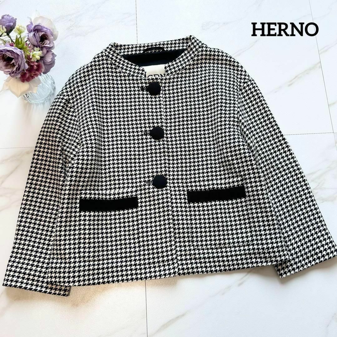 HERNO - 極美品 定価11万 HERNO 2022 千鳥格子柄 ノーカラージャケット