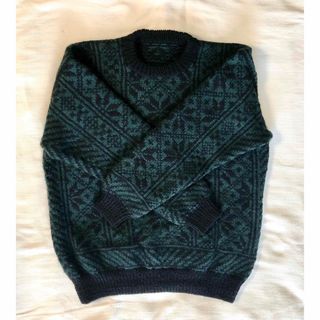 ウール100% 手編み　ノルディックセーター　黒緑　伝統柄　編み込み　(ニット/セーター)