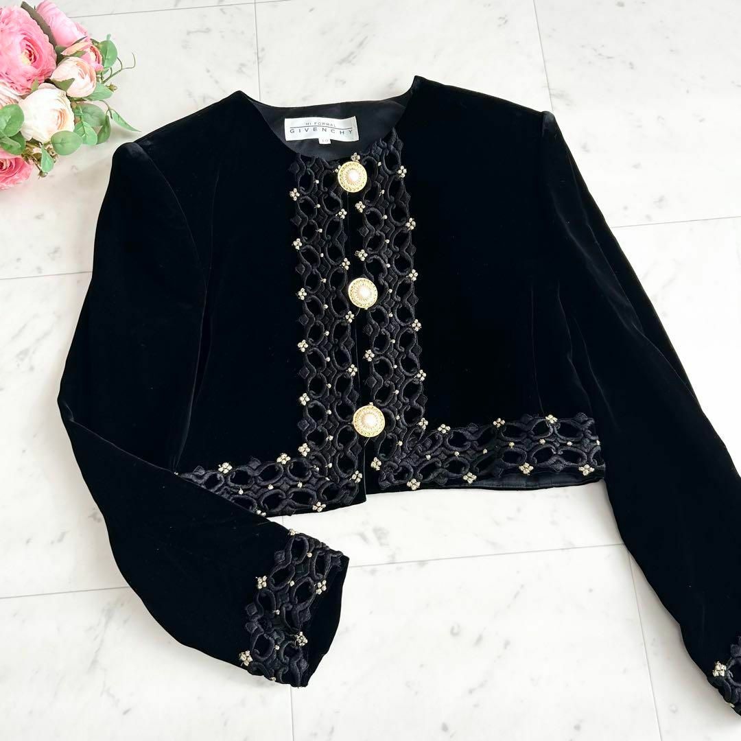 極美品 GIVENCHY ベロア 刺繍 金ボタン ノーカラージャケット 10