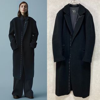 Y's 18AW メルトンウール ステッチ チェスターコート 黒1