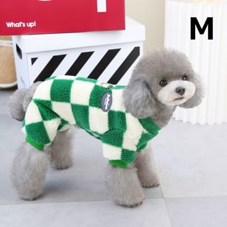 犬服 猫服 ペット服 チェスチェック柄ボアフリースロンパース Mサイズ グリーン(犬)