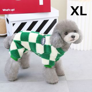 犬服猫服 ペット服 チェスチェック柄ボアフリースロンパース XLサイズ グリーン(犬)