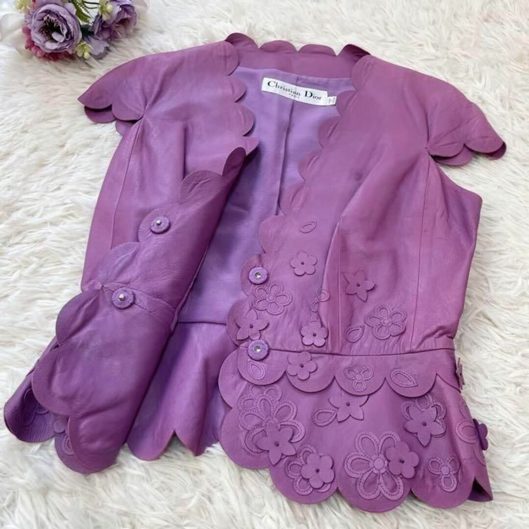 美品 Christian Dior スカラップフリル フラワー ラムレザーベスト