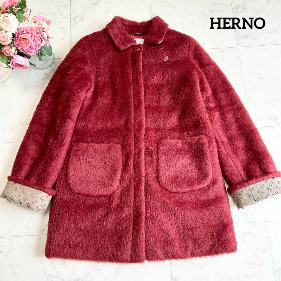 極美品 HERNO エコファーダウンコート モノグラム Hロゴ レッド 12