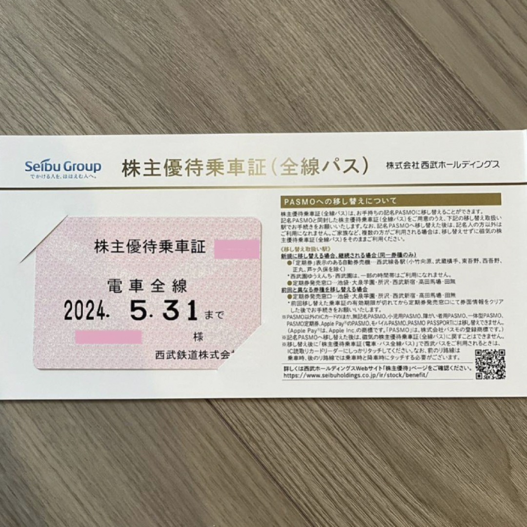 チケット2024/5/31迄 西武鉄道 株主優待乗車証 電車全線定期券