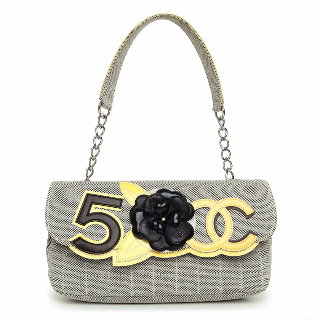 シャネル CHANEL カメリア CCココマーク No.5 チェーン チョコバー ショルダーバッグ キャンバス パテント エナメル ブラック 黒 黄 シルバー金具 A31571