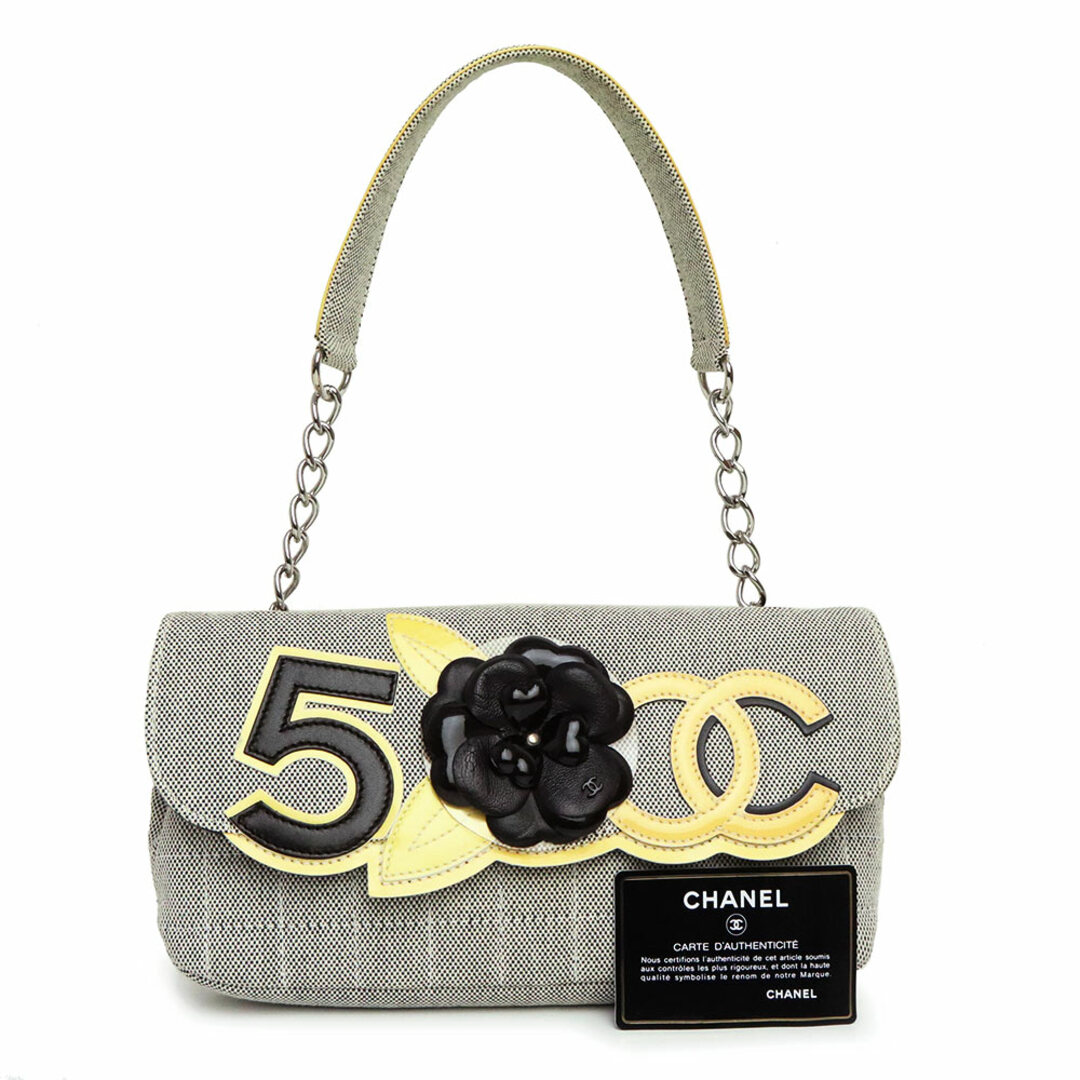 シャネル CHANEL カメリア CCココマーク No.5 チェーン チョコバー ショルダーバッグ キャンバス パテント エナメル ブラック 黒 黄 シルバー金具 A31571