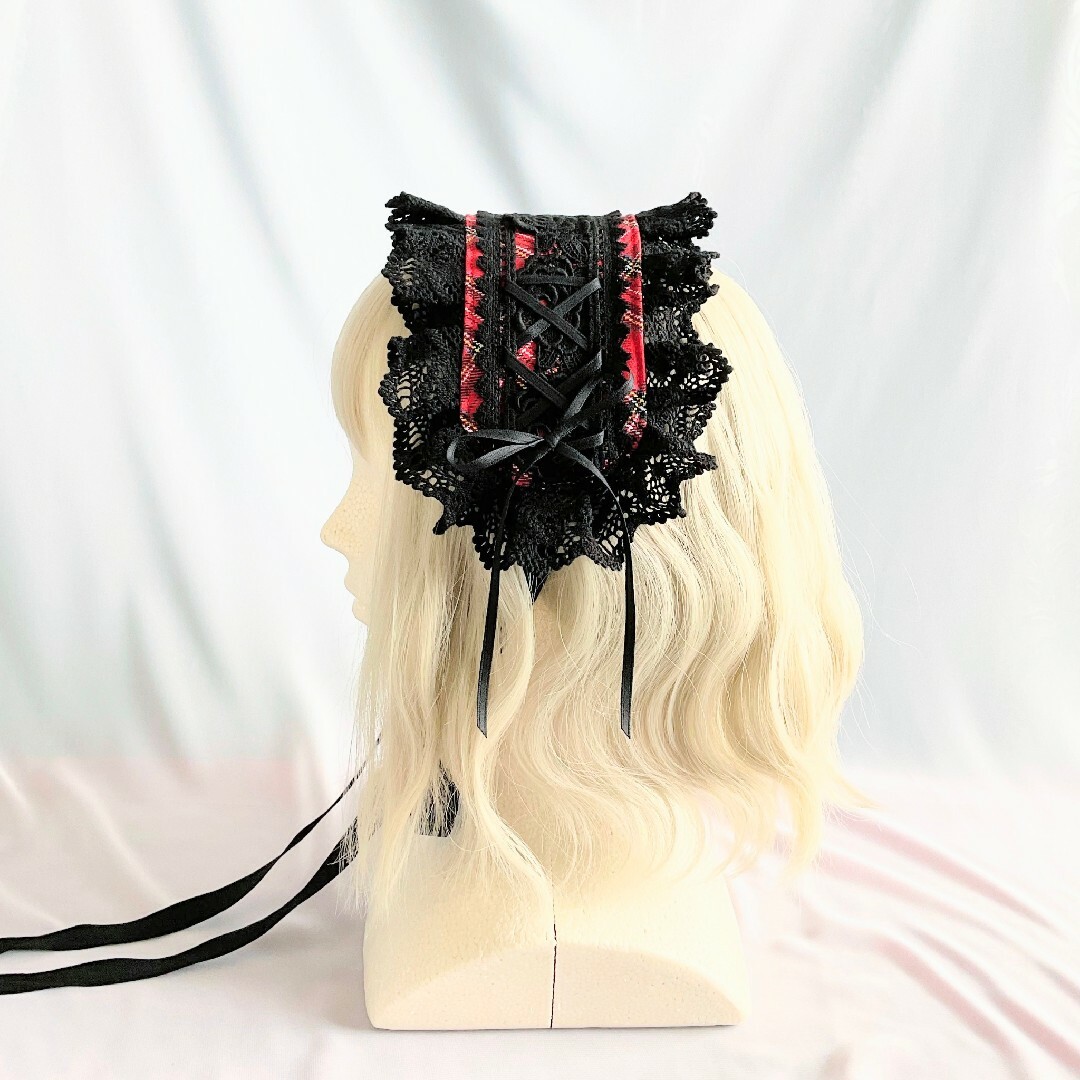 【まゆぅさま専用】タータンチェックのヘッドドレス&ミニネクタイ 赤×黒